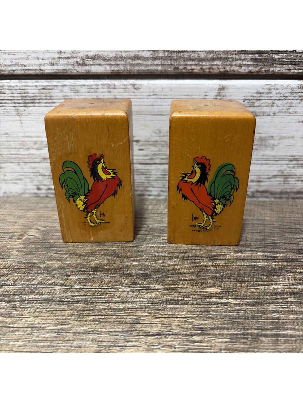 Vintage Wooden Square Rooster Salt and Pepper Shakers